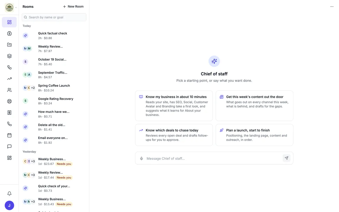 Hiveku Chief of Staff with the Rooms list (weekly reviews, a social plan, a traffic review, a spring launch) and the starting points for a new Room.