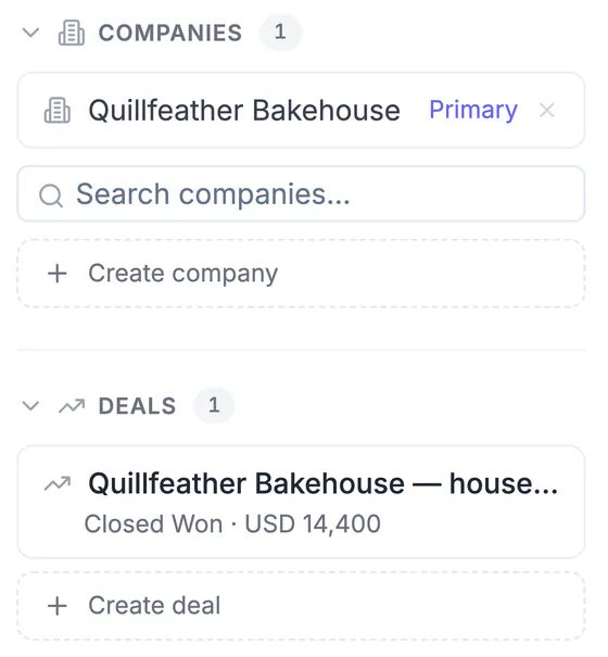 Linked records: Quillfeather Bakehouse (primary company) and the Closed Won deal for the house espresso and drip program, USD 14,400.