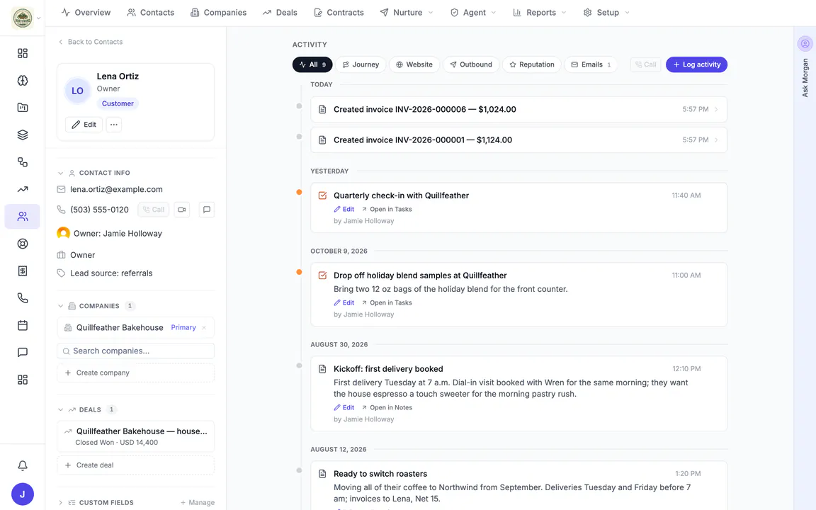 Hiveku contact record for Lena Ortiz, owner of Quillfeather Bakehouse: contact details, her company and won $14,400 deal on the left, and a timeline of invoices, tasks and notes on the right.