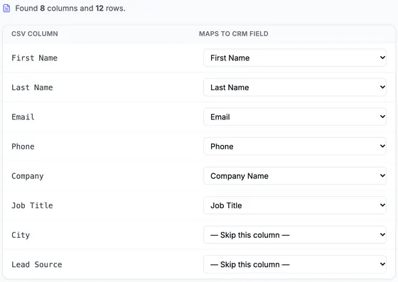 Column mapping: First Name, Last Name, Email, Phone, Company and Job Title matched to CRM fields; City and Lead Source set to skip.