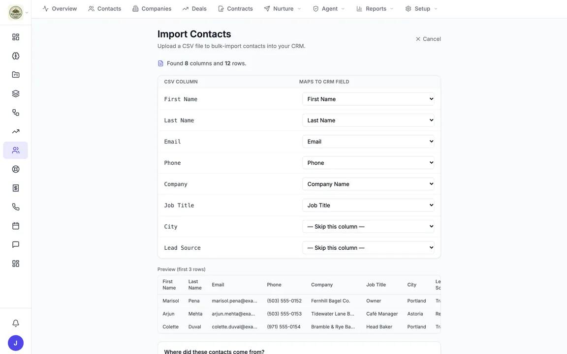 Hiveku CRM contact import: a 12-row CSV's columns matched to contact fields, a preview of the first rows, and the question of where the contacts came from.