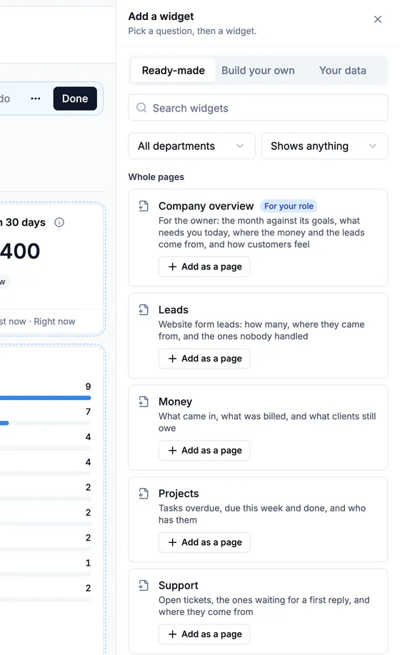 The Add a widget library: tabs for ready-made widgets, build your own and your data, a search, a department filter and whole pages to add.