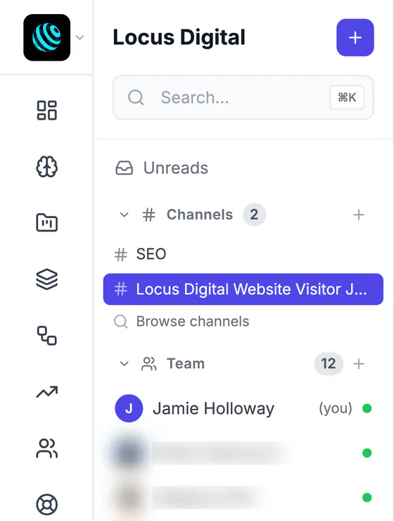 The Discussions sidebar for Locus Digital: Unreads, two channels (SEO and Locus Digital Website Visitor Journey), Browse channels, and the team of 12 with online dots (teammates' names and photos blurred).