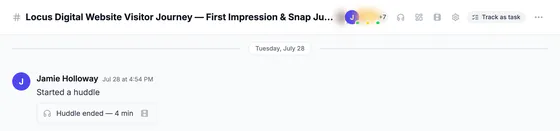 The channel header with its members and the Start huddle, linked boards, huddle recordings, settings and Track as task buttons, above a 'Started a huddle' message whose card shows the huddle ended after 4 minutes, with its recording icon (members' photos blurred).