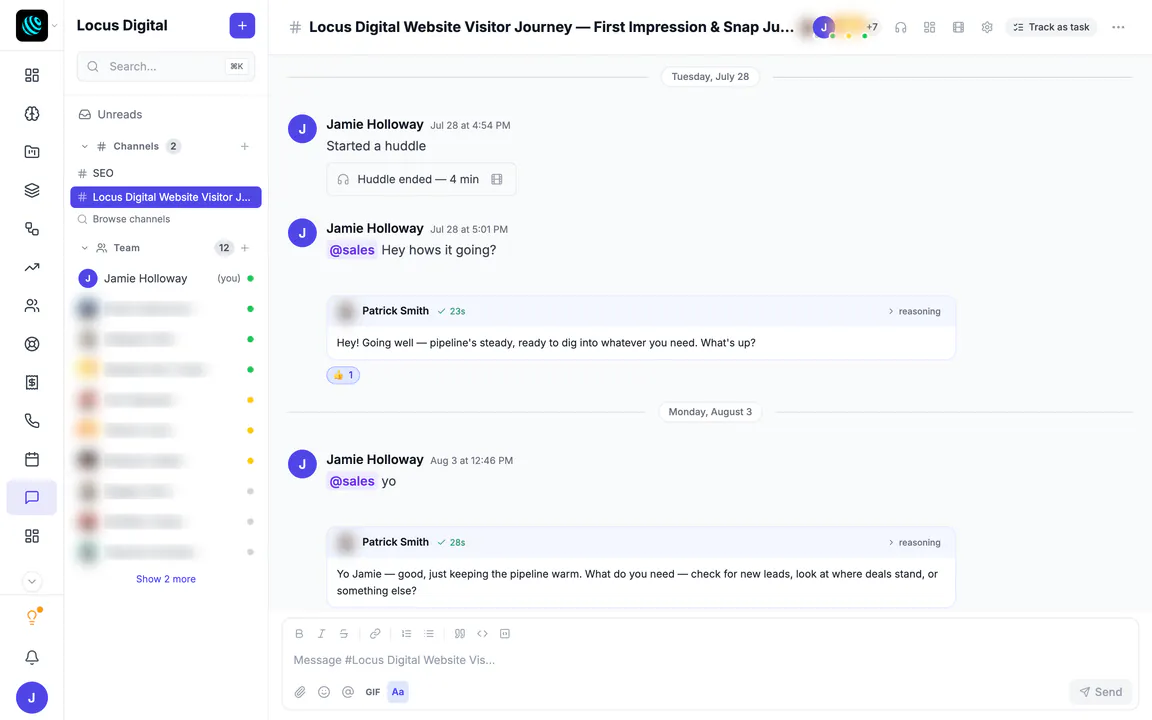 Hiveku Discussions for Locus Digital: the channel list and the team with who is online (teammates' names and photos blurred), beside a channel where Jamie Holloway starts a huddle, then mentions @sales and the Sales AI agent answers in the channel.