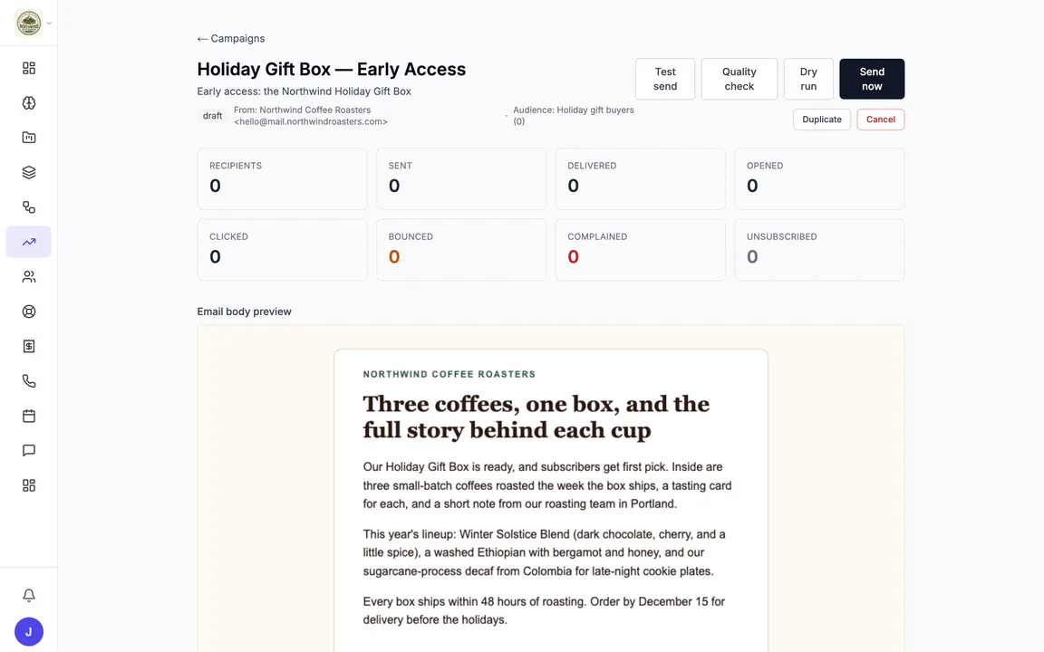 Hiveku email campaign draft "Holiday Gift Box — Early Access": subject, sender and audience, buttons for test send, quality check, dry run and send, result tiles, and the email preview.