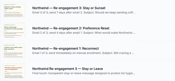 Four template rows with previews: Re-engagement 3 Stay or Sunset, Re-engagement 2 Preference Reset, Re-engagement 1 Reconnect and Re-engagement 3 Stay or Leave, each with its send timing and subject.