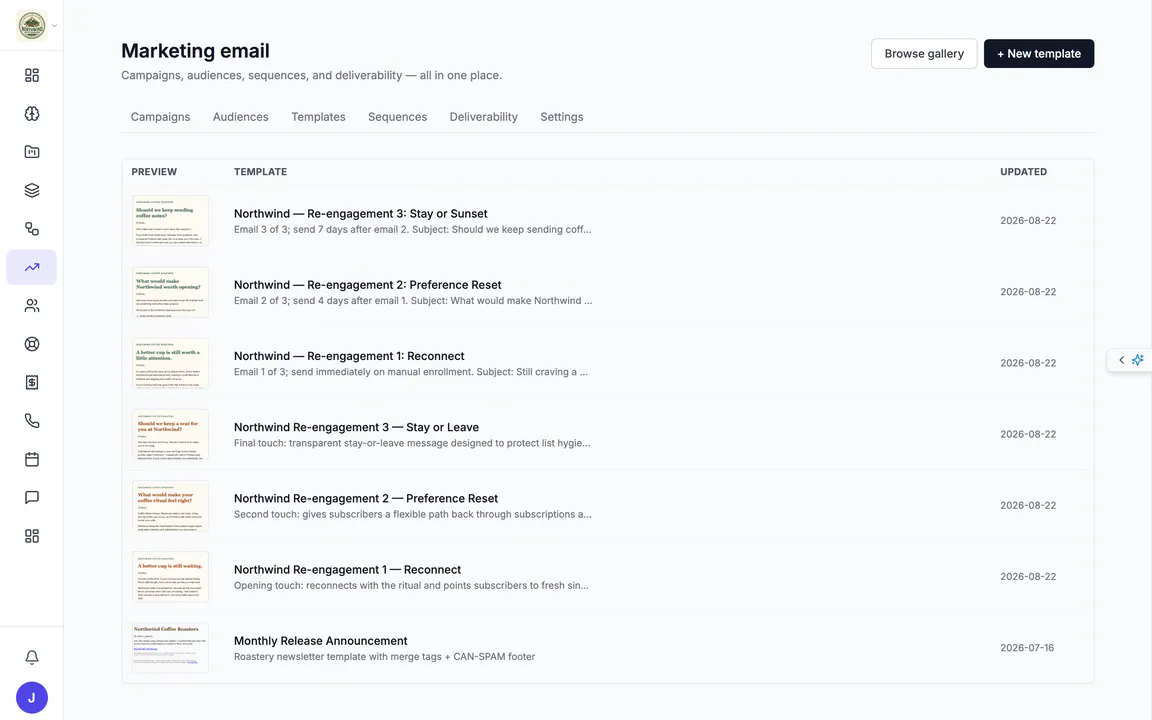 Hiveku email templates for Northwind: seven saved templates with live previews, including a three-email re-engagement series and the monthly release announcement, with Browse gallery and New template.