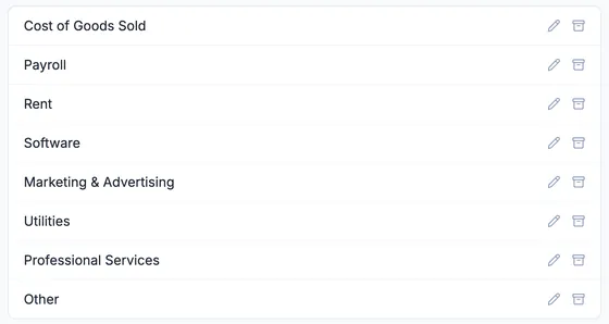 Category list: Cost of Goods Sold, Payroll, Rent, Software, Marketing & Advertising, Utilities, Professional Services, Other.