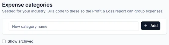 Expense categories: 'Seeded for your industry. Bills code to these so the Profit & Loss report can group expenses.', with New category name and Add.