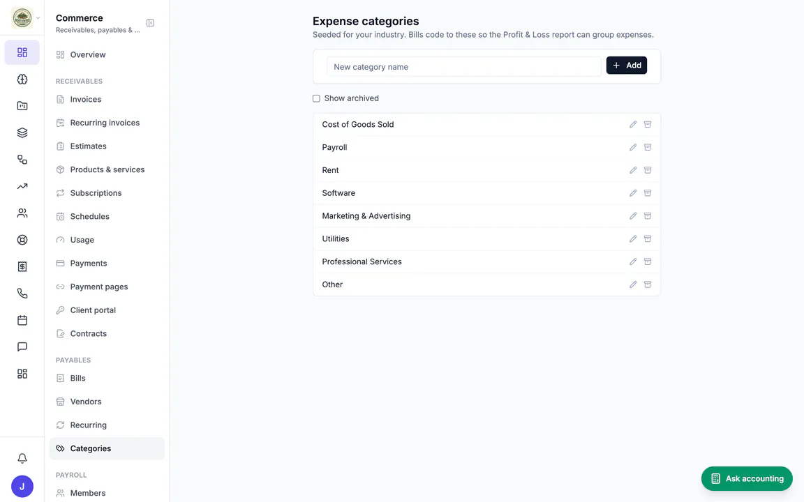 Hiveku expense categories: Cost of Goods Sold, Payroll, Rent, Software, Marketing & Advertising, Utilities, Professional Services and Other.