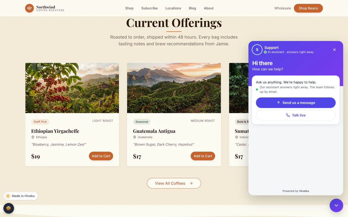 Northwind Coffee Roasters' website, built in Hiveku, with the Hiveku chat open: 'Hi there, how can we help?', Send us a message and Talk live.