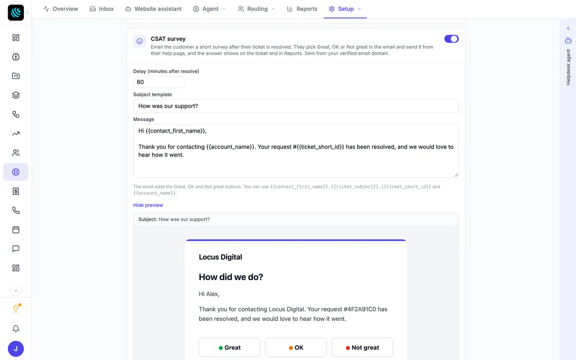 Hiveku helpdesk Setup for Locus Digital: the CSAT survey switched on, sent 60 minutes after a ticket is resolved with the subject "How was our support?" and the default message, and the email preview with Great, OK and Not great buttons.