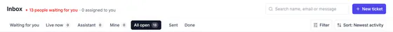 Inbox header: people waiting for you, the views Waiting for you, Live now, Assistant, Mine, All open, Sent and Done, search, filter and sort.
