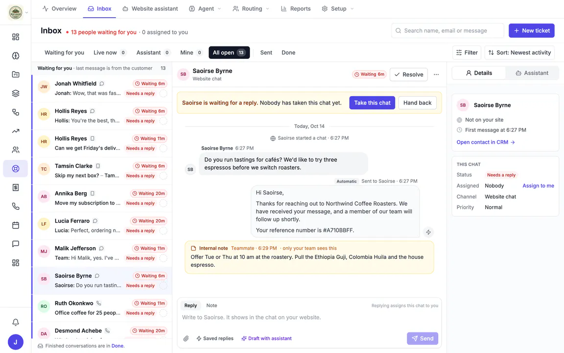 Hiveku helpdesk inbox for Northwind Coffee Roasters: open tickets from website chat, text message and phone, each with a waiting timer, and a café owner's chat open beside the list with an internal note.