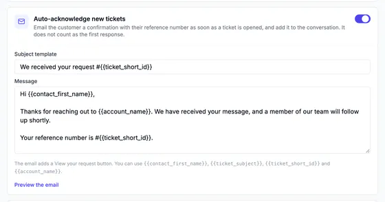 Auto-acknowledge new tickets: the subject and message template with the customer's first name and ticket number.