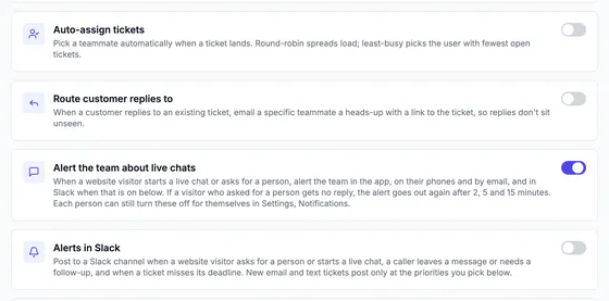 Helpdesk automation switches: auto-assign tickets, route customer replies, alert the team about live chats, alerts in Slack.