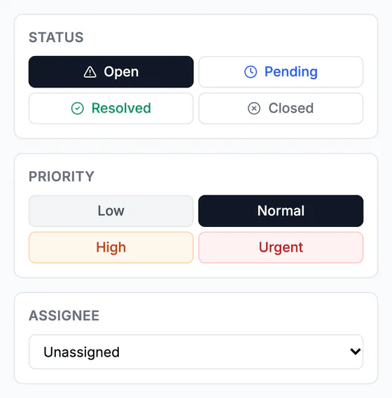 Ticket status (open, pending, resolved, closed), priority (low, normal, high, urgent) and the assignee.