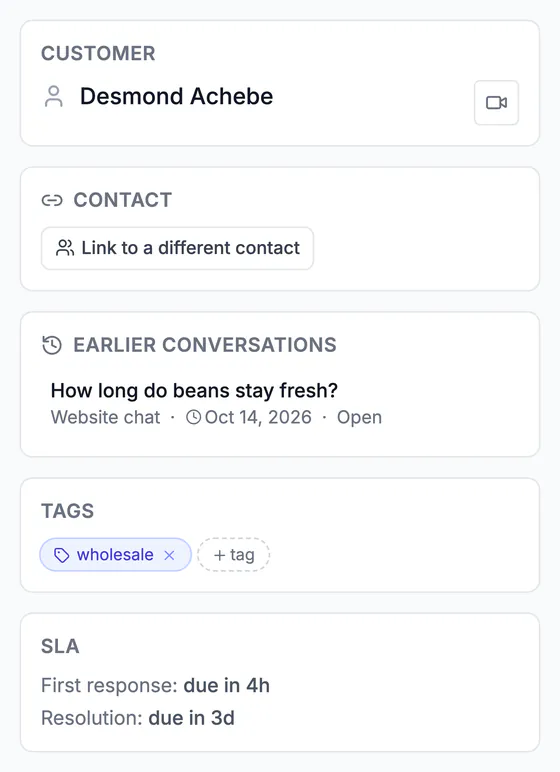 The customer, a link to their contact, an earlier website chat, tags, and first-response and resolution due times.