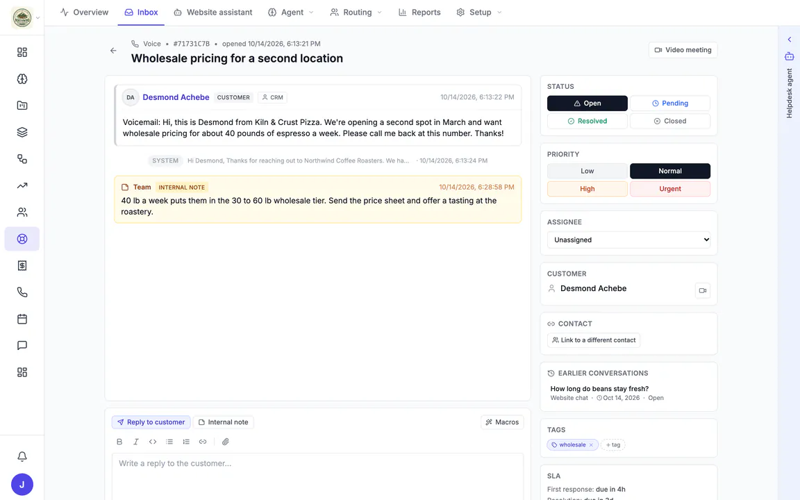 Hiveku helpdesk ticket from a voicemail: a pizza restaurant asking for wholesale pricing, the automatic reply, an internal note, the reply box, and status, priority, earlier conversations and SLA beside it.