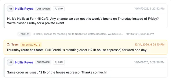 A café owner's text asking to move a delivery, the automatic reply, an internal note about the delivery route and her follow-up text.