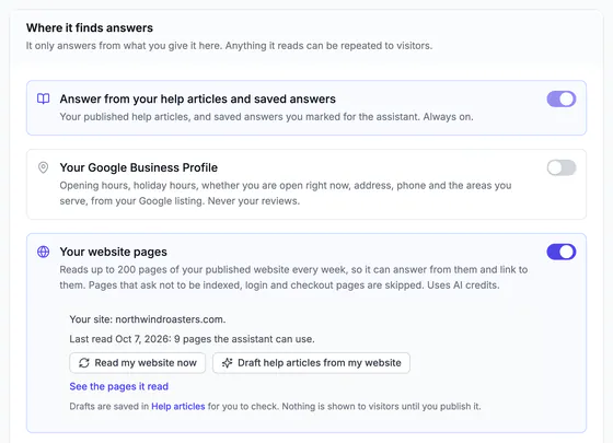 Where it finds answers: help articles and saved answers, Google Business Profile, and the website pages it read on northwindroasters.com (9 pages).