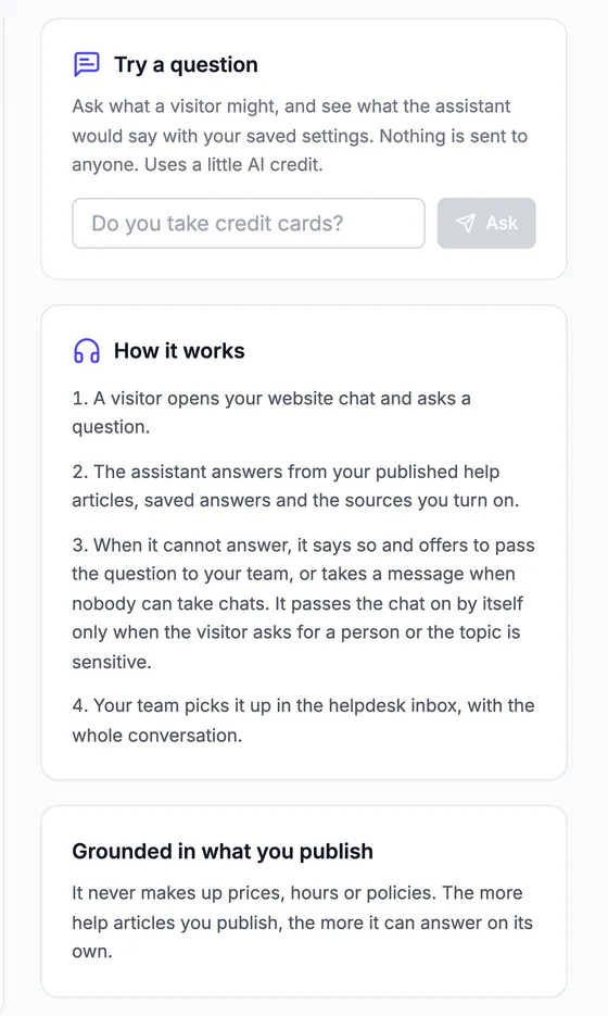 Try a question box, the four steps of how the assistant works, and the note that it is grounded in what you publish.