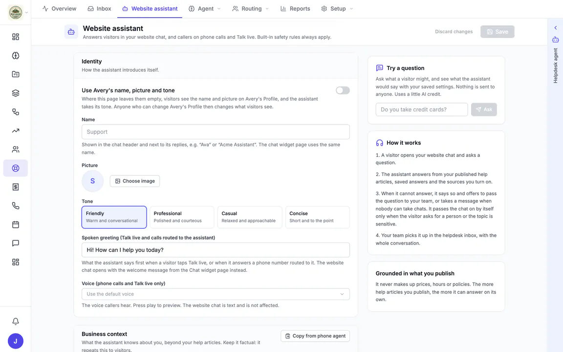 Hiveku website assistant settings: its name and picture, the Friendly, Professional, Casual or Concise tone, the spoken greeting, and a panel to try a question.