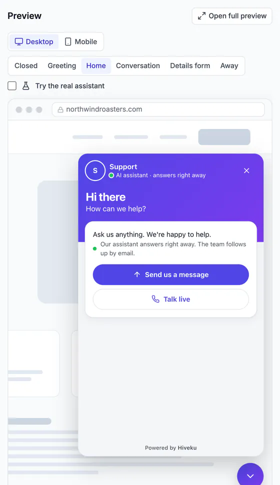 Chat widget preview: the Support header, 'Hi there, how can we help?', Send us a message and Talk live buttons.