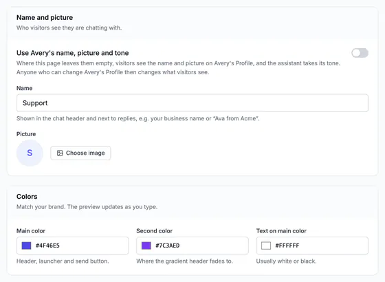 Chat widget appearance: the name shown to visitors, the picture, and the main, second and text colors.