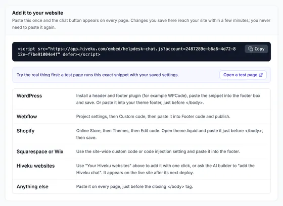 Chat widget Install tab: the one-line script snippet with a Copy button and install steps for WordPress, Webflow, Shopify, Squarespace or Wix and Hiveku websites.