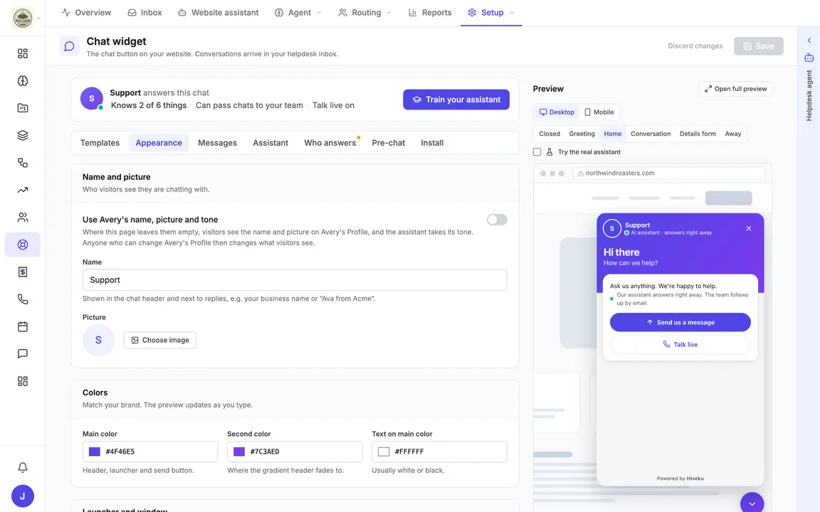 Hiveku chat widget settings for Northwind Coffee Roasters: name and picture, brand colors, and a live preview of the open chat with Send us a message and Talk live.