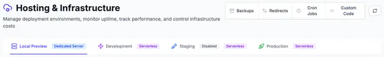Hosting & Infrastructure header with Backups, Redirects, Cron Jobs and Custom Code, and tabs for Local Preview (dedicated server), Development, Staging (disabled) and Production (serverless).