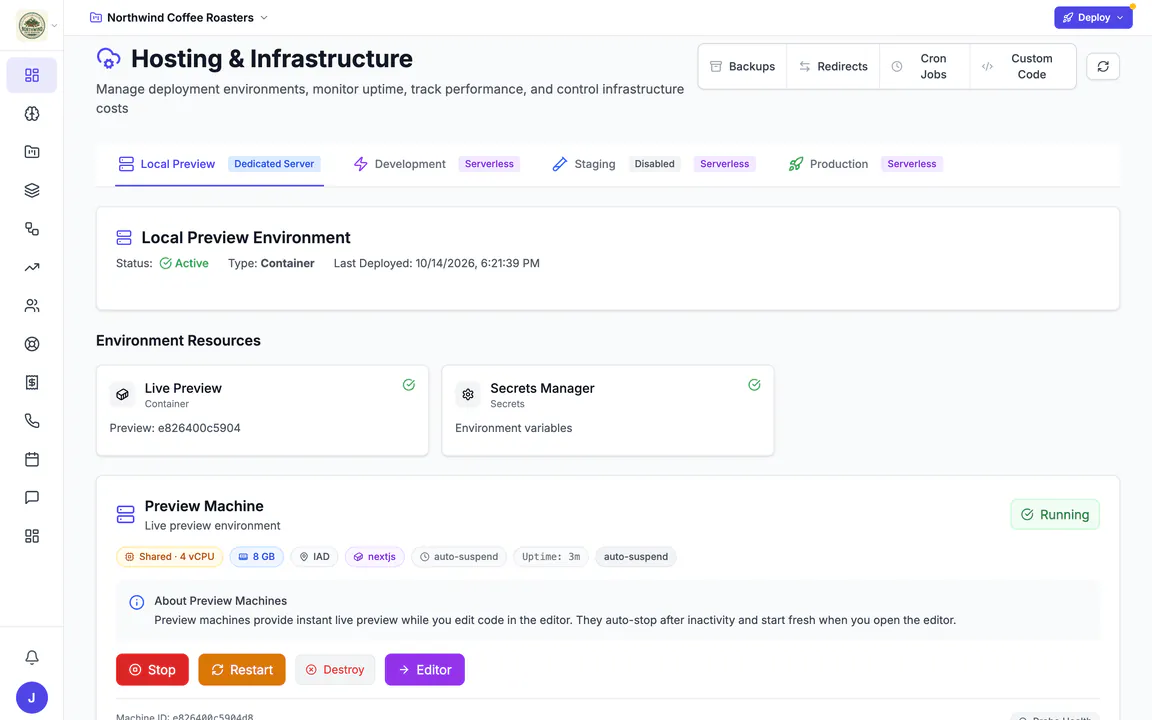 Hiveku Hosting & Infrastructure page for the Northwind Coffee Roasters site: environment tabs, the active local preview environment, its resources and the running preview machine.
