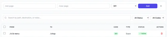 The inline add-redirect row with /old-page and /new-page fields, the 301 code and an Add button, above the redirect search and list.