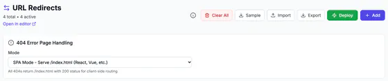 URL Redirects header: 4 total, 4 active, with Clear All, Sample, Import, Export, Deploy and Add, and the 404 Error Page Handling setting.