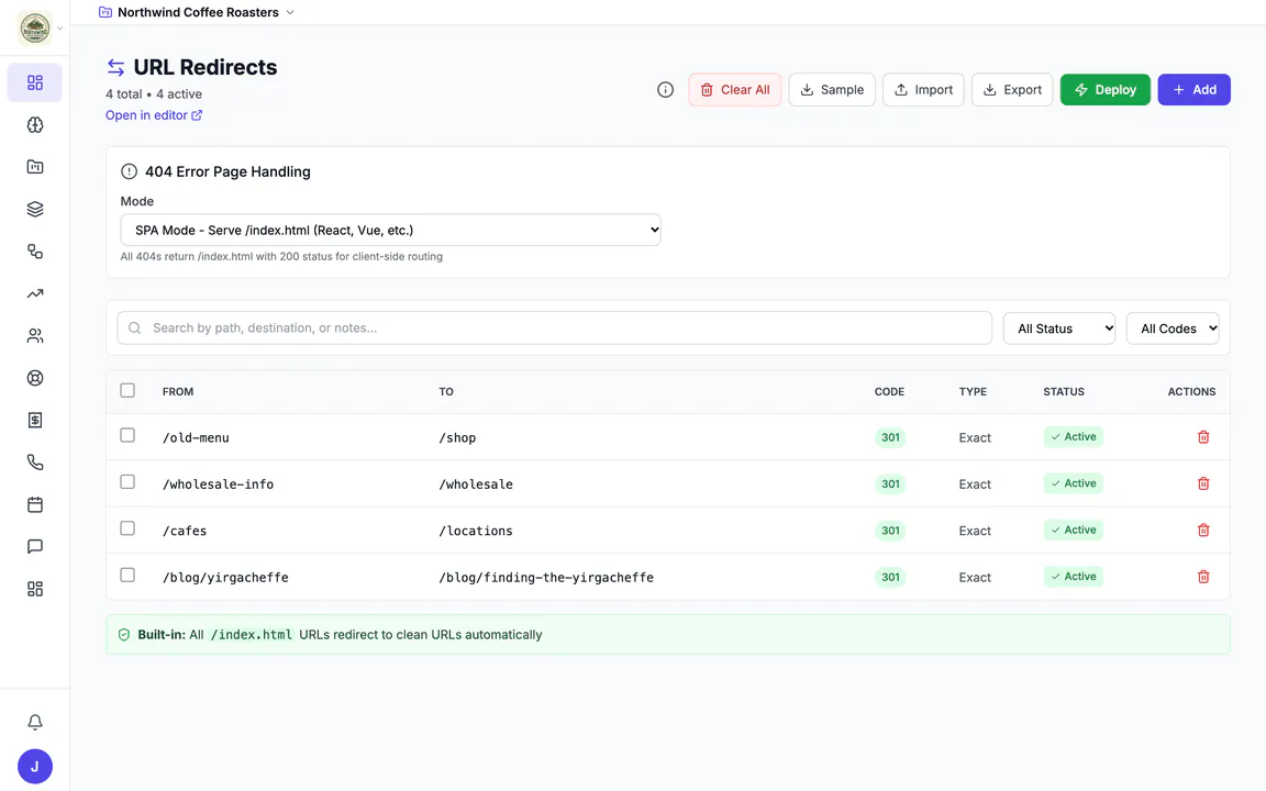 Hiveku URL Redirects page for the Northwind site: four 301 redirects such as /old-menu to /shop and /cafes to /locations, the 404 page setting, search and filters.