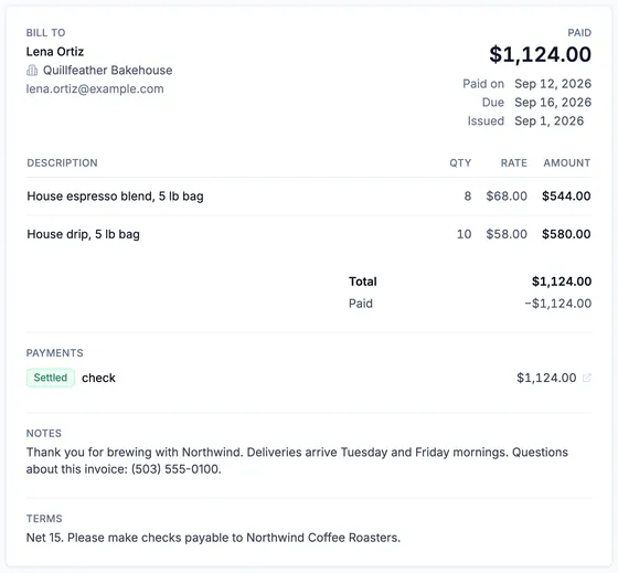 The invoice: bill to Lena Ortiz, Quillfeather Bakehouse; paid $1,124.00 on Sep 12, 2026, due Sep 16, issued Sep 1; eight bags of house espresso blend and ten of house drip.