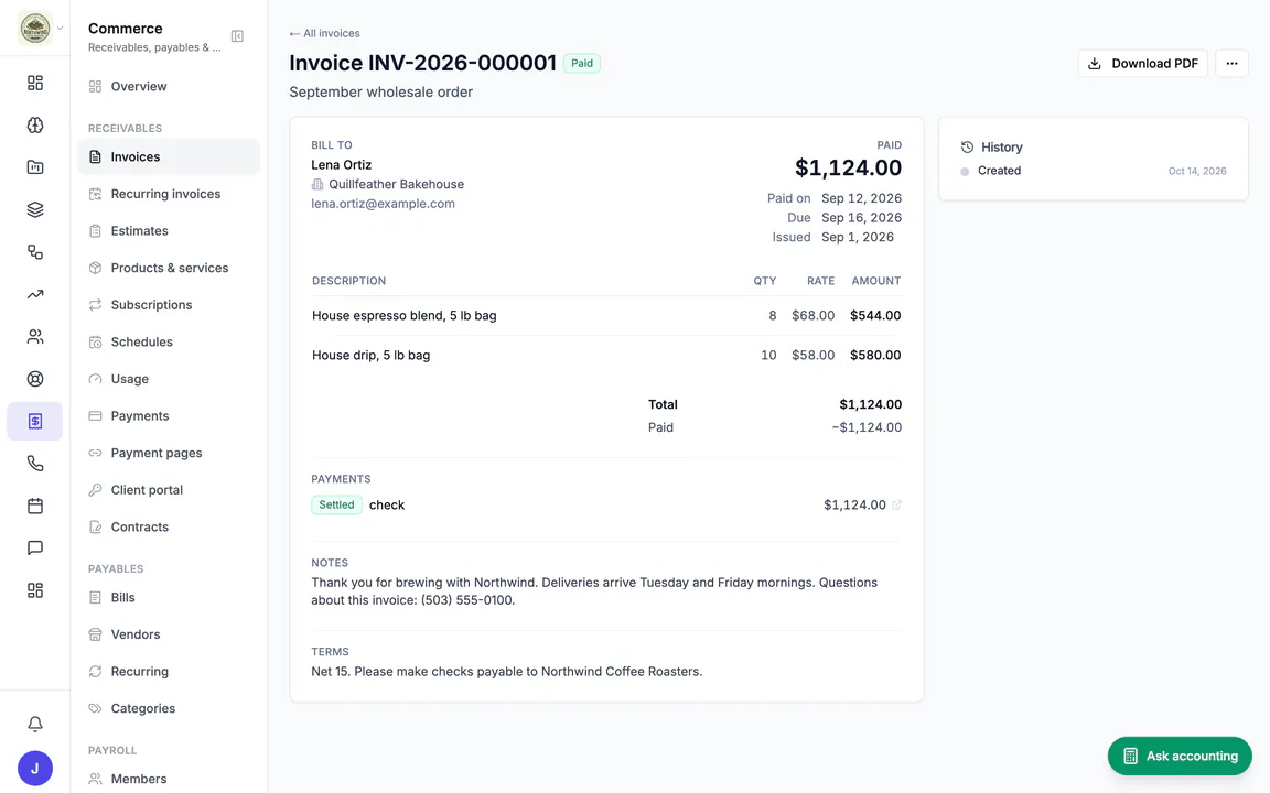 Hiveku invoice INV-2026-000001 for Lena Ortiz of Quillfeather Bakehouse, marked Paid: $1,124.00 for espresso and drip in 5 lb bags, paid by check on Sep 12, 2026, with notes and terms.