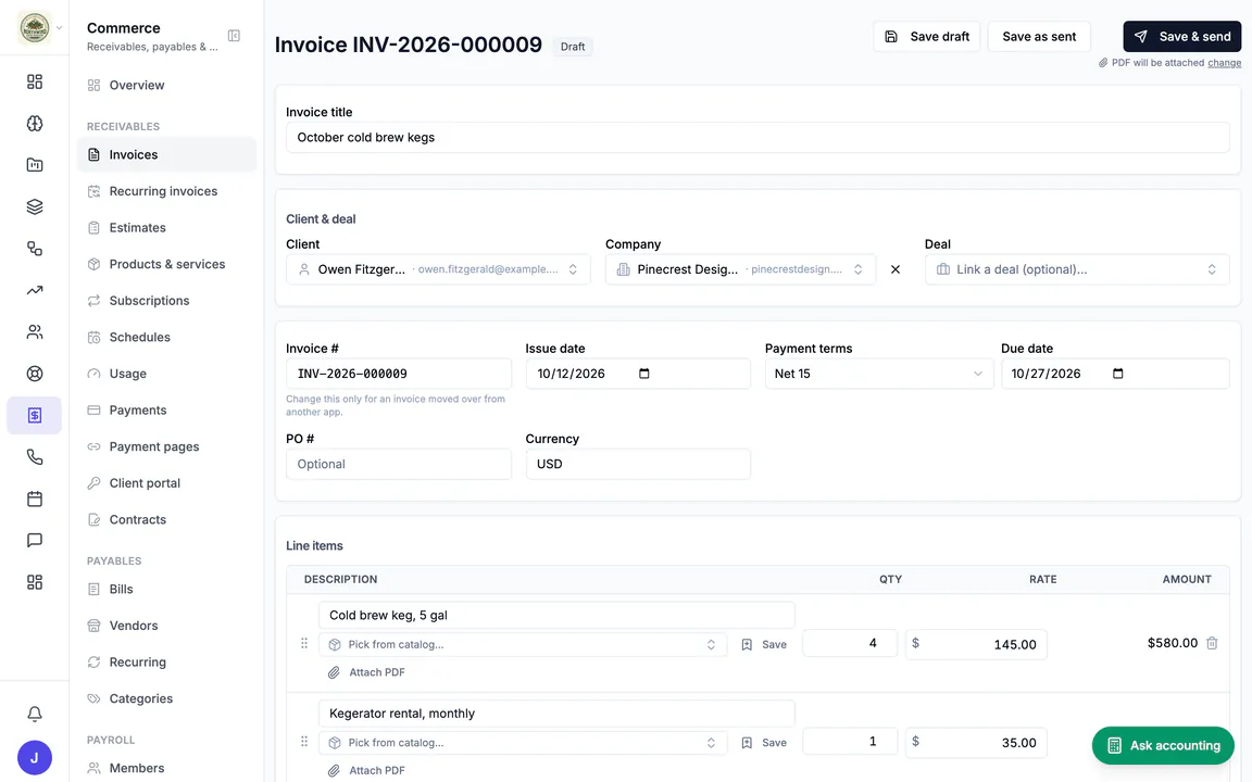 Hiveku invoice editor for draft INV-2026-000009 to Pinecrest Design Collective: title, client and company, issue date, Net 15 terms and due date, and the start of the line items, beside the Commerce menu.