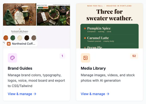 Brand Guides card with the Northwind mood board and color palette, and the Media Library card with 52 items.
