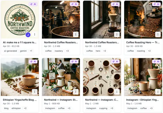 Eight Northwind images marked AI: the logo, roastery and roasting shots, a pour-over, an Ethiopian Yirgacheffe blog hero and three Instagram graphics, with tags such as coffee, roastery, instagram and cupping.