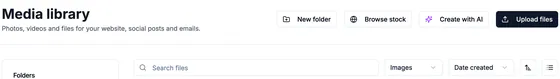 Media library header: New folder, Browse stock, Create with AI and Upload files, over search, the Images type filter and the date sort.