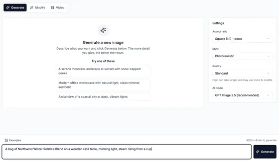 Create media: Generate, Modify and Video tabs, settings for aspect ratio, style, quality and AI model, and a prompt for a Winter Solstice Blend photo ready to generate.
