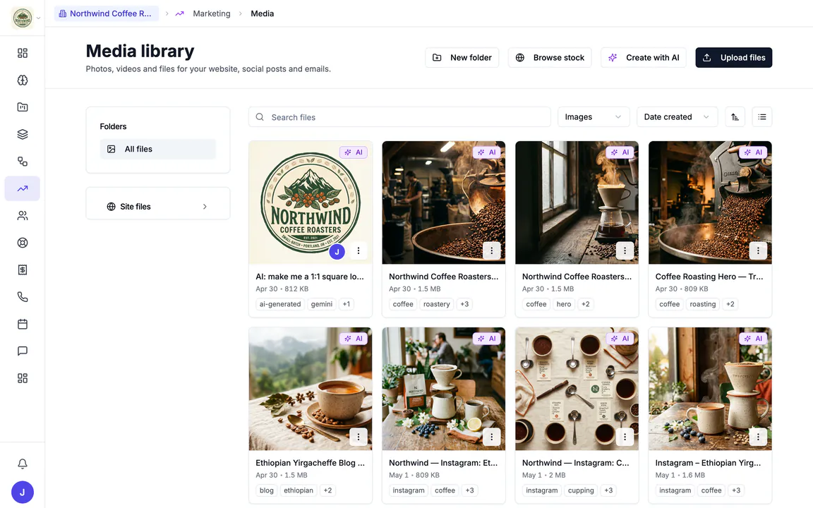 Hiveku media library for Northwind: a grid of AI-made images (the Northwind logo, the roastery, pour-overs, a cupping table and Instagram graphics), each with its tags, under folders, search, type filter and sort.