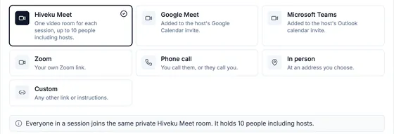 With group sessions switched on in the form, the Hiveku Meet card reads 'One video room for each session, up to 10 people including hosts.' and the note says everyone in a session joins the same private Hiveku Meet room.