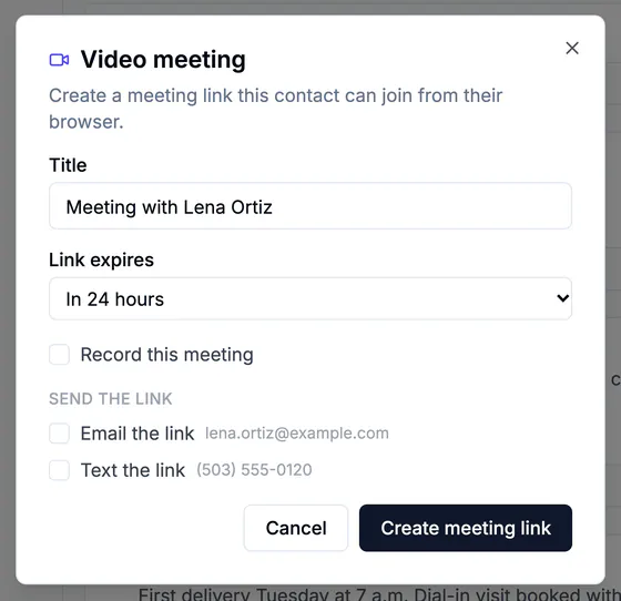 The Video meeting dialog: 'Create a meeting link this contact can join from their browser.', the title, Link expires 'In 24 hours', Record this meeting, Email the link and Text the link, and Create meeting link.