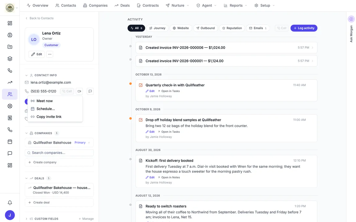 A Northwind CRM contact, Lena Ortiz, with the camera button's menu open beside her phone number: Meet now, Schedule… and Copy invite link; her activity timeline fills the rest of the page.