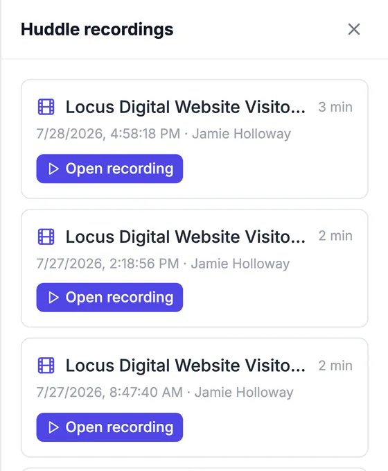 The Huddle recordings panel: recordings from July 28 and July 27, 3 and 2 minutes long, each started by Jamie Holloway, each with an Open recording button.