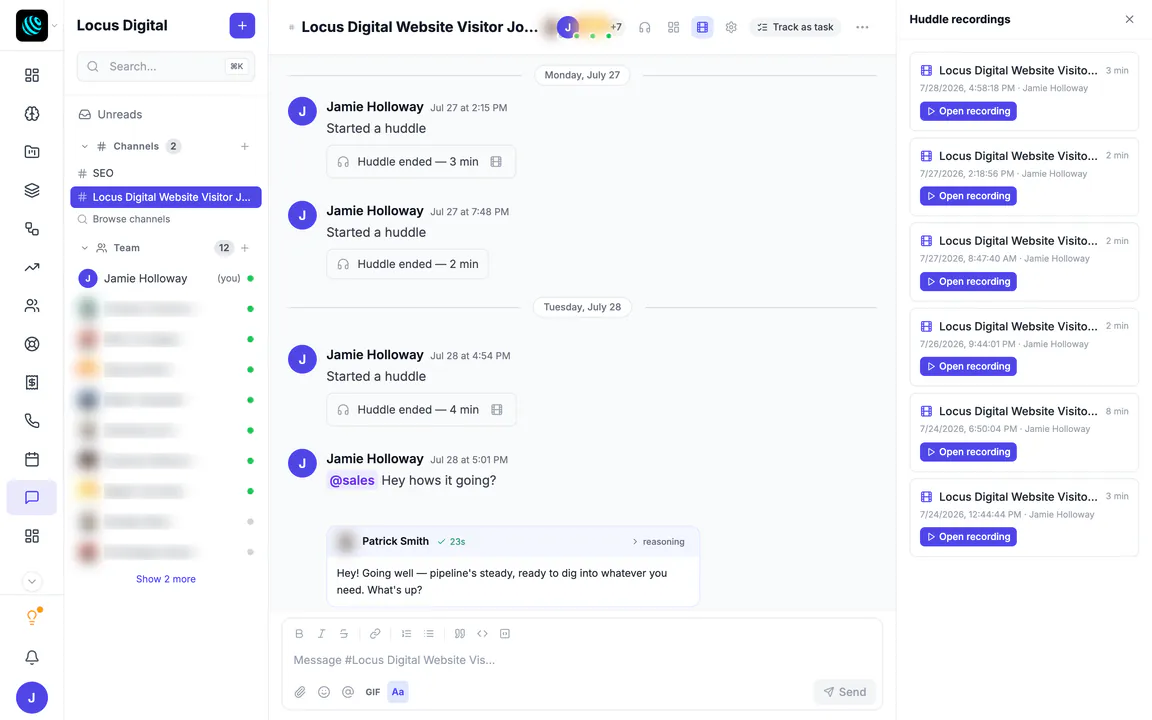 Hiveku Discussions for Locus Digital: a channel scrolled to July 27 and 28, where Jamie Holloway started three huddles (each card reads 'Huddle ended' with its length, two with a recording icon), then mentioned @sales and the Sales agent answered; on the right, the Huddle recordings panel lists six recorded huddles with their length, date and an Open recording button (teammates' names and photos blurred).